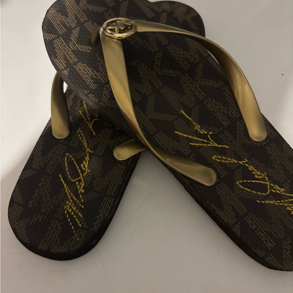 Michael Kors Signature Gold and Brown Sandals